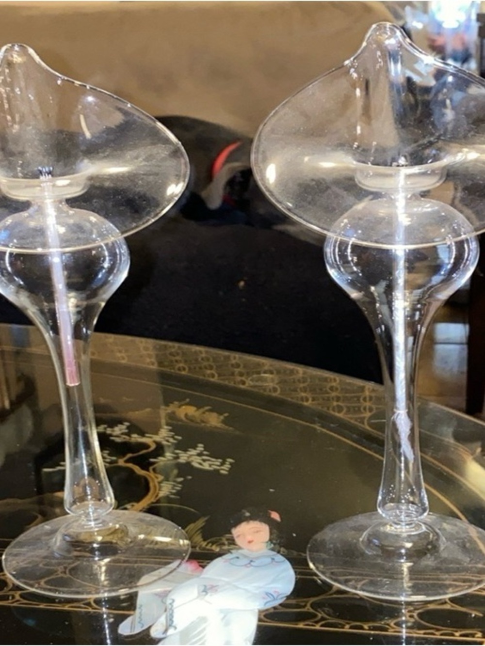 Clear Glass Floral Stem Candle Holders - Pair